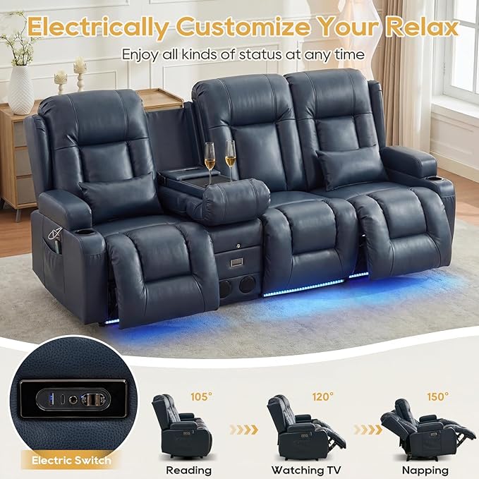 IPKIG Power Recliner Sofa with Flip-Up Backrest Console, USB & USB-C Ports, AC Outlet, LED Lights, Wall Hugger Recliners for Living Room, RV (Dark Blue, 89" - 4 Seat) | Breathable Leather, Zero Gravity, Dual Reclining, 2 Lumabr Pillow, Bluetooth Speakers