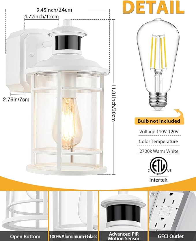 Redluck 2 Pack White Porch Lights with GFCI Outlet, Dusk to Dawn Motion Sensor Outdoor Lights, 3 Lighting Modes Exterior Light Fixture, Waterproof Anti-Rust Alunmium Outside Light for Patio Entryway