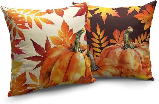 Fall Decor Pillow Covers 16x16 Set of 2 Orange Maple Leaf Pumpkin Outdoor Throw Pillow Covers Happy Fall Thanksgiving Pillows Decorative Throw Cushion Case for Home Couch Sofa