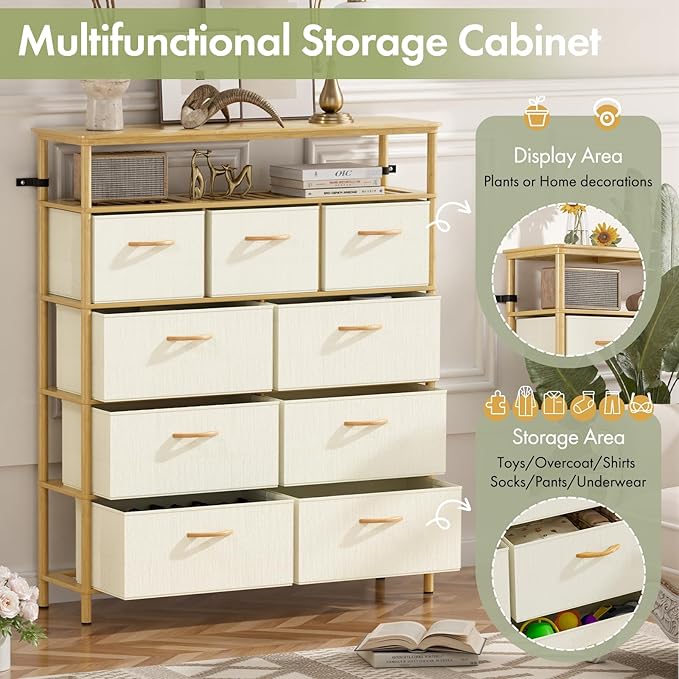 9 Drawer Fabric Dresser, Bamboo Fabric Drawer Dresser, Large Capacity Storage, for Bedroom and Living Room