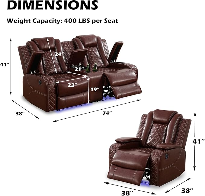 Power Leather Recliner Sofa Set with LED Light,Reclining Loveseat and Chair Set with USB,Leather Couch Set for Loveseat with Storage Console/Single Recliner 2 PCS for Living Room(Red,2+1)