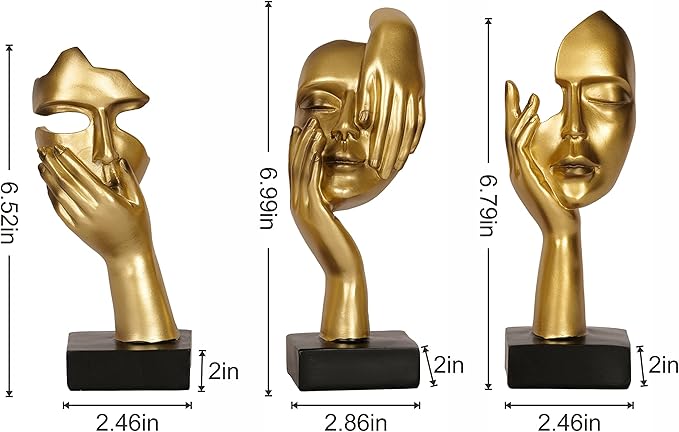 3 Piece Thinker Statue Gold Home Decor Abstract Face Sculpture Resin Thinker Figurines for Desktop Office Desk Living Room Table Collection Figurine Decoration Bookshelf Decorative Objects