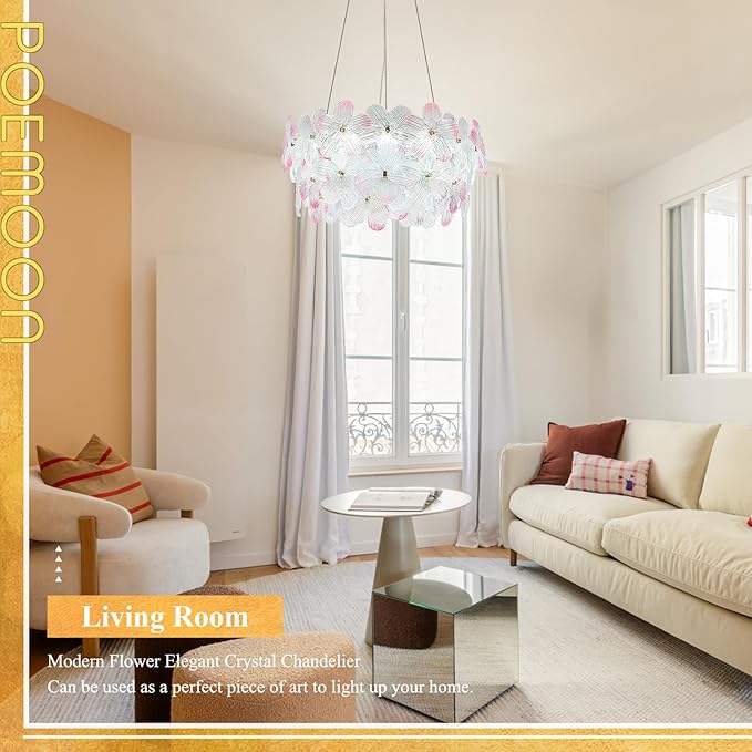 Modern Pink Flower Chandelier 20'' Gold Crystal Light Fixture Dimmable LED Ceiling Pendant Lighting with Remote Control Contemporary for Dining Room Entryway Bedroom Kitchen(3000K-6500K)