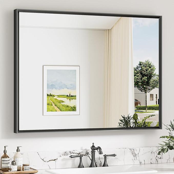 Keonjinn 40 x 30 Inch Black Bathroom Mirrors for Over Sink, Beveled Rectangle Framed Mirrors for Wall, Black Bathroom Vanity Mirror, Tempered Glass, Square Corner, Farmhouse Style