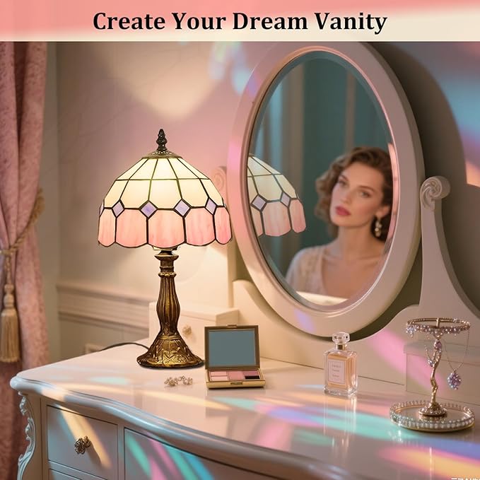 Table Lamp Tiffany-Style 8 Inch Mediterranean Series Stained Glass Lampshades Small Bedside Lamp Reading Antique Desk Light Livingroom Bedroom Office Vintage Art De(Color:Pink)