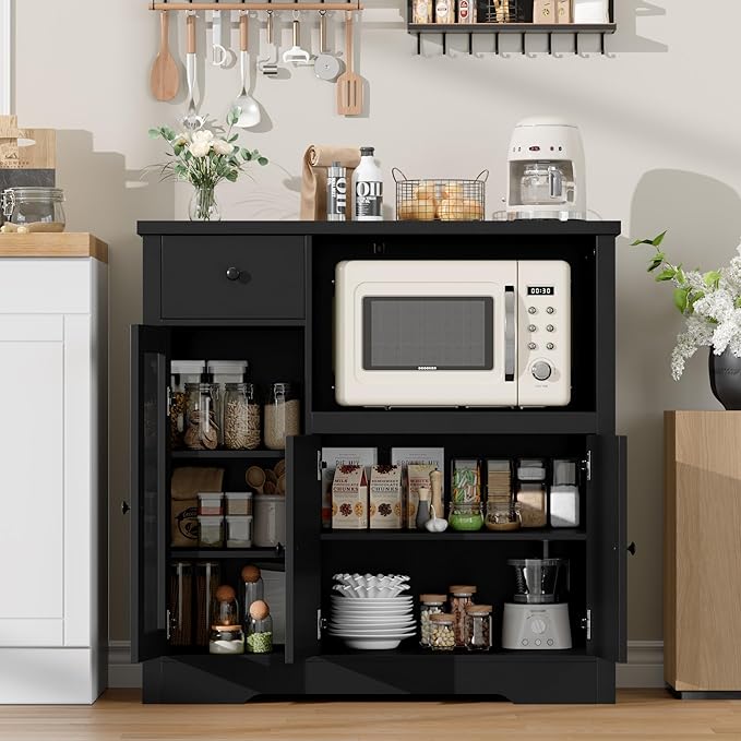 GarveeHome Kitchen Microwave Cabinet with Storage and Drawers, Modern Small Buffet Cabinet with Glass Doors and Adjustable Shelf, Wooden Sideboard with Wide Top for Dining Room, Living Room, Black
