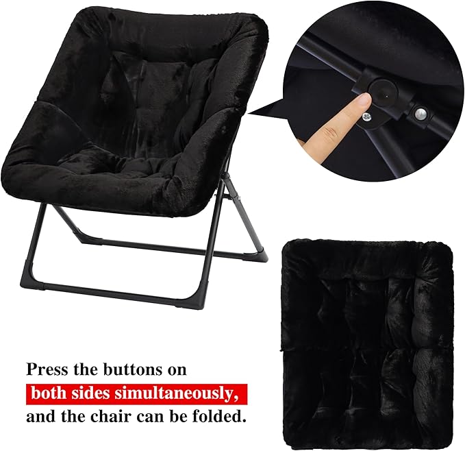 Comfy Saucer Chair for Adults, Soft Faux Fur Bedroom Chair with Ottoman, Accent Dorm Chairs, Living Room Reading Chairs and Footstool, Folding Seat for Teens, X-Large, Black