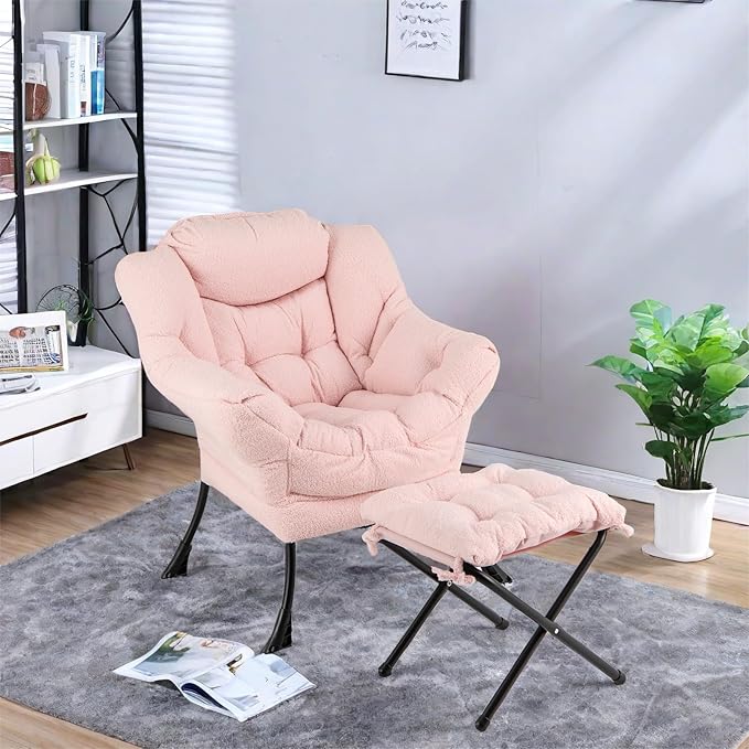 GORELAX Lazy Chair with Ottoman, Modern Accent Chair w/Armrests & Side Pocket, Upholstered Lounge Sofa Chair & Folding Footstool Set, Reading Chair for Bedroom, Living Room, Dorm Room (Plush Pink)