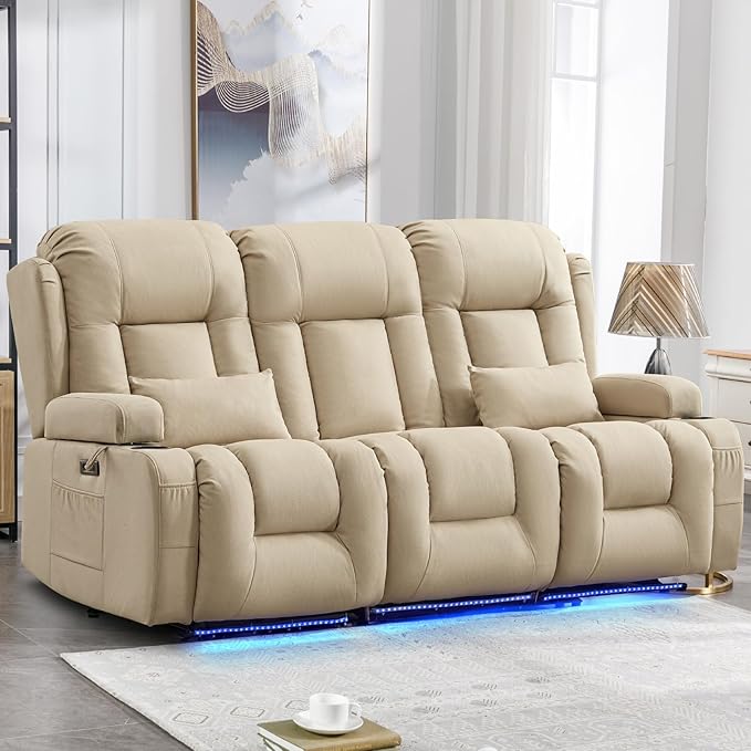 IPKIG Power Loveseat Recliner Sofa with Flip-Up Backrest Console, USB & USB-C Ports, AC Outlet, LED Lights, Wall Hugger Recliners for Living Room, RV, Home Theater (Beige, 76.8" - 3 Seat) | Leathaire Fabric, Zero Gravity, Dual Reclining, 2 Lumabr Pillow