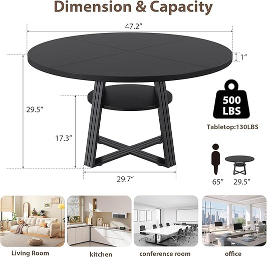 Garvee 47 in Inch Round Dining Table for 4, Farmhouse Dining Room Circle Dinner Table,Space Saving Wood Kitchen & Dining Room Furniture, Round Tables with Storage and Metal Square Legs, Black