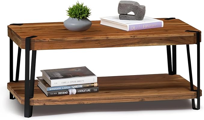 Ryegate 42-Inch Coffee Table – Solid Acacia Wood Live Edge Top with Lower Shelf and Metal Frame Base – Rustic Industrial Modern Living Room Center Table by Alaterre Furniture (Natural)