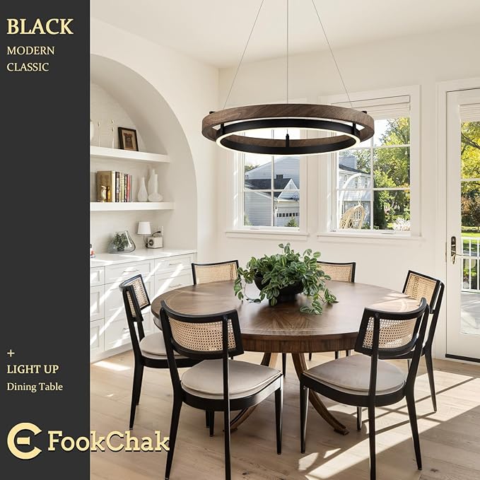 LED Ring Chandelier Modern Round LED Pendant Light 24in Walnut Wood & Black Chandelier Dimmable Ceiling Pendant Light Fixtrure for Dining Room Entry Kitchen Island Bedroom Living Room