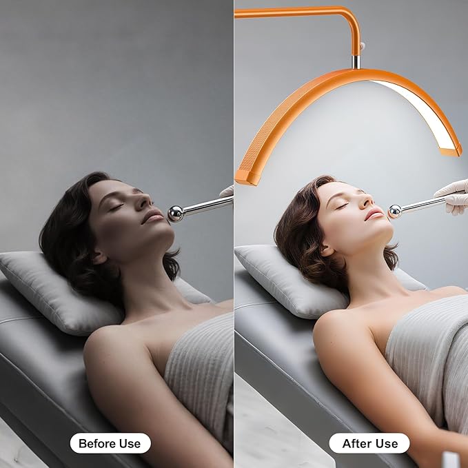AURELLE Half Moon Lash Light - Adjustable LED Floor Lash Lamp with 4X Magnifier & Phone Holder for Eyelash Extensions,Nail Art,Tattoo,Skincare,Salon SPA-Dimmable Brightness,Rotating Head, Orange