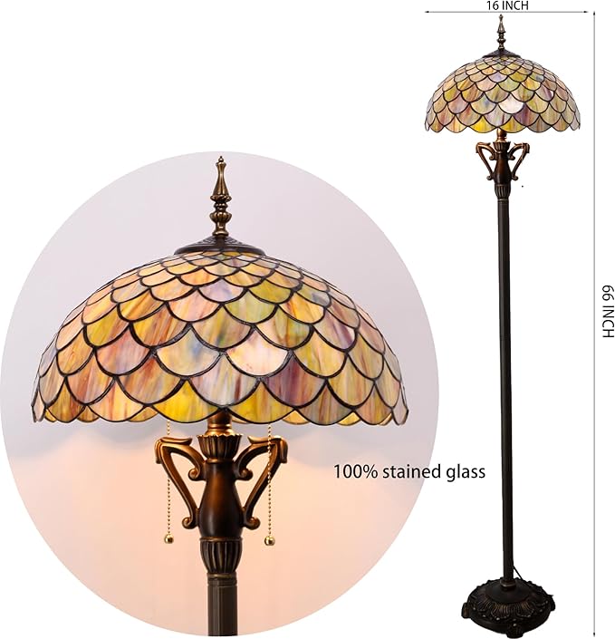 Tiffany Floor Lamp Brown Fish Scales Stained Glass Standing Reading Light 16X16X64 Inches Antique Pole Corner Lamp Decor Bedroom Living Room