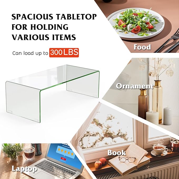 Tangkula Glass Coffee Table, 42.5" L × 20" W ×14" H, Modern Home Furniture, 0.47" Clear Tempered Glass End Table, International Occasion Tea Table, Waterfall Table with Rounded Edges (Clear)