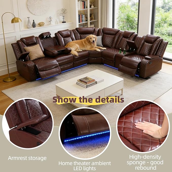 Power Reclining Sectional Sofa with LED, Leather Recliner Couch for Living Room/Home Theater, Sectional Reclining Couches with Wireless Charging/Hide-Away Storage