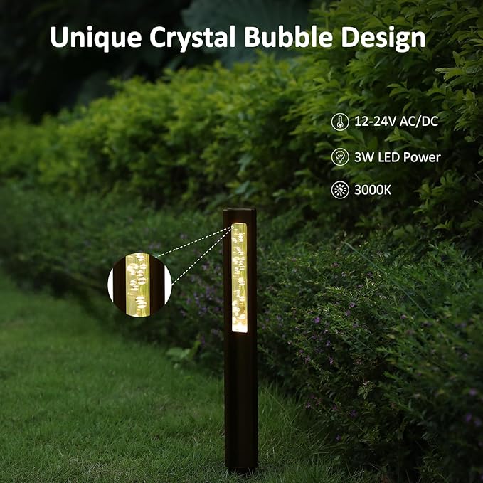 LED Low Voltage Pathway Lights Wired, 3W 12V Low Voltage Landscape Lighting for Outdoor Path Walkway Driveway, Crystal Bubble Design, 3000K Warm White, Aluminum, IP65, ETL, Bronze, Pack of 1