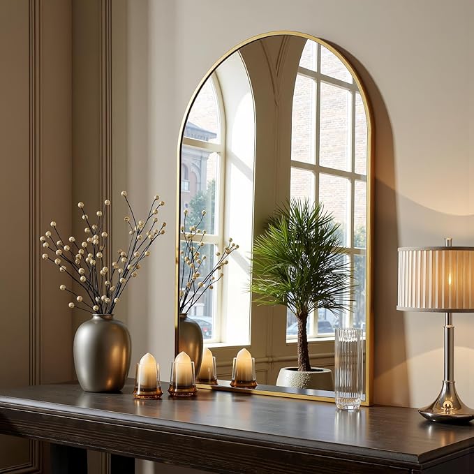 Arched Wall-Mounted Mirror, 26"x38" Arch Bathroom Mirror, Gold Vanity Mirror for Wall Décor, Wall Mirror with Metal Frame for Bedroom, Entryway, Living Room, Brushed Gold