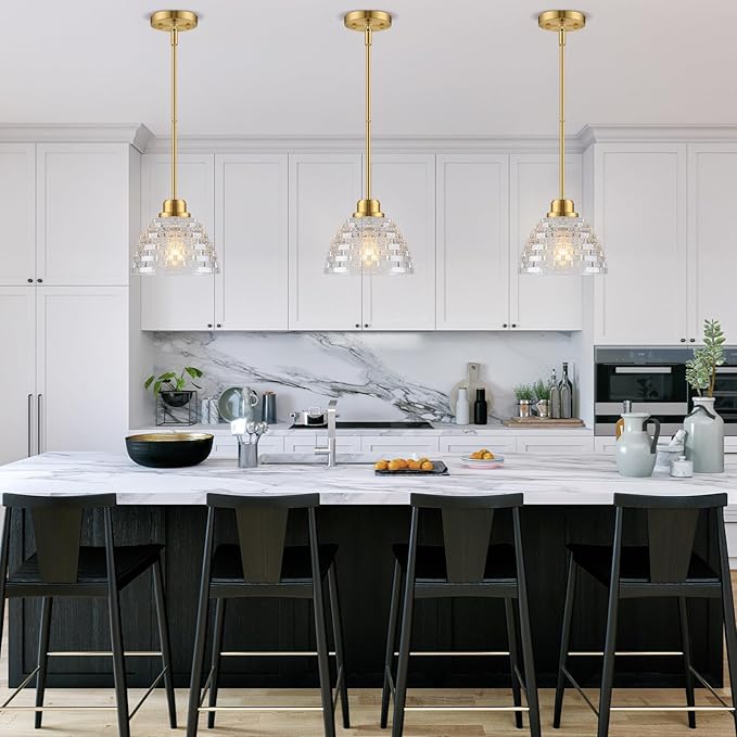 3 Pack Glass Pendant Lights Kitchen Island 8.7 Inches Modern Gold Glass Pendant Light Fixtures Brass Hanging Lighting for Kitchen Over Sink Dining Room Bedroom E26