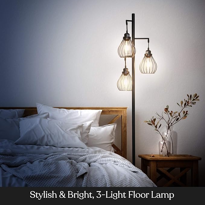 Brightech Teardrop - Modern LED Floor Lamp for Bedroom, Office, Living Room – Tall Industrial Standing Tree Lamp with 3 Elegant Cage Lamp Shades, Bright Edison Bulbs – Black