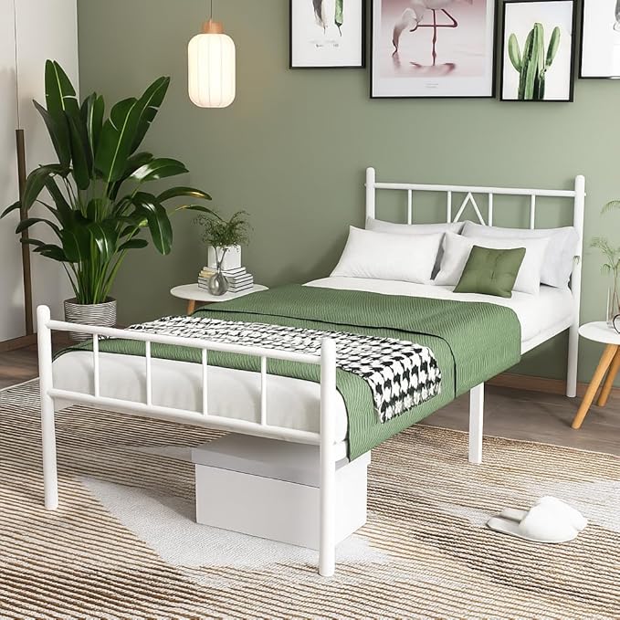 14 Inch Twin Size Bed Frames with Headboard/Footboard, Under Bed Storage, Strong Metal Slats Support, No Box Spring Needed, Noise Free, Easy Assembly, White