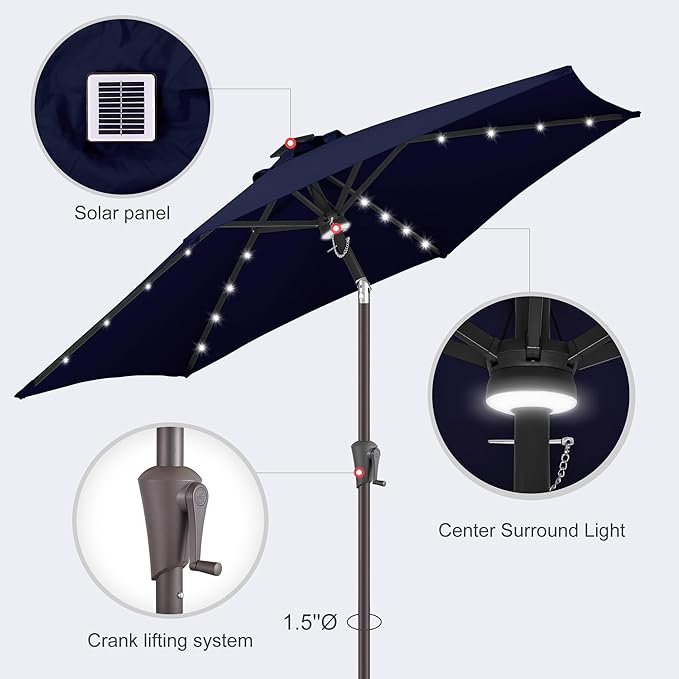 7.5ft Solar Umbrella Outdoor - Lighted Solar Patio Umbrella with 24 LED Lights Waterprool UV Protection, Table Umbrella with Tilt for Pool, Porch, Garden, Deck, Backyard (Navy Blue)