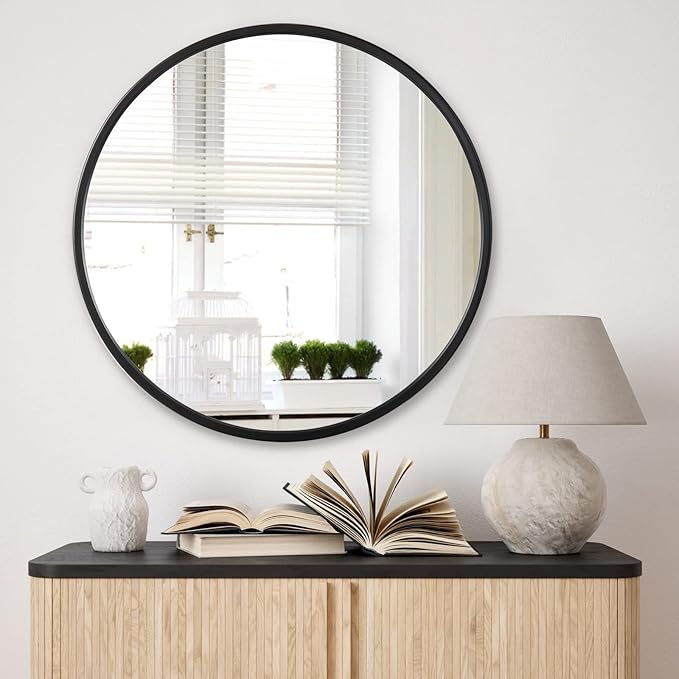 24 inch Round Mirror Black Metal Framed Wall Mount Bathroom Vanity Real Glass Circle Mirror for Home, Entryway, Living Room, Bedroom
