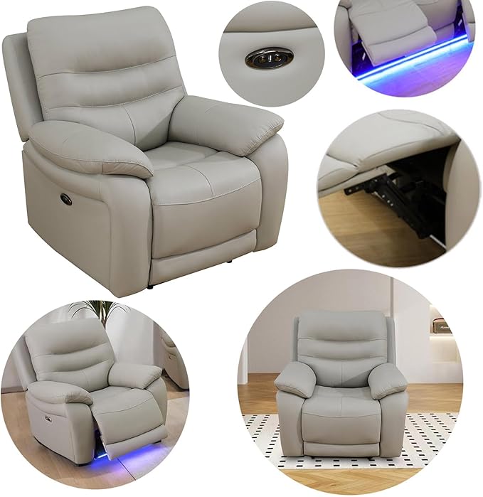 Power Reclining Sofa Set, Genuine Leather Recliner Sofa Set,Living Room Furniture Setwith USB Charging and LED Lights,for Living Room/Apartment/Office/Home Theather,Light Grey,C+S