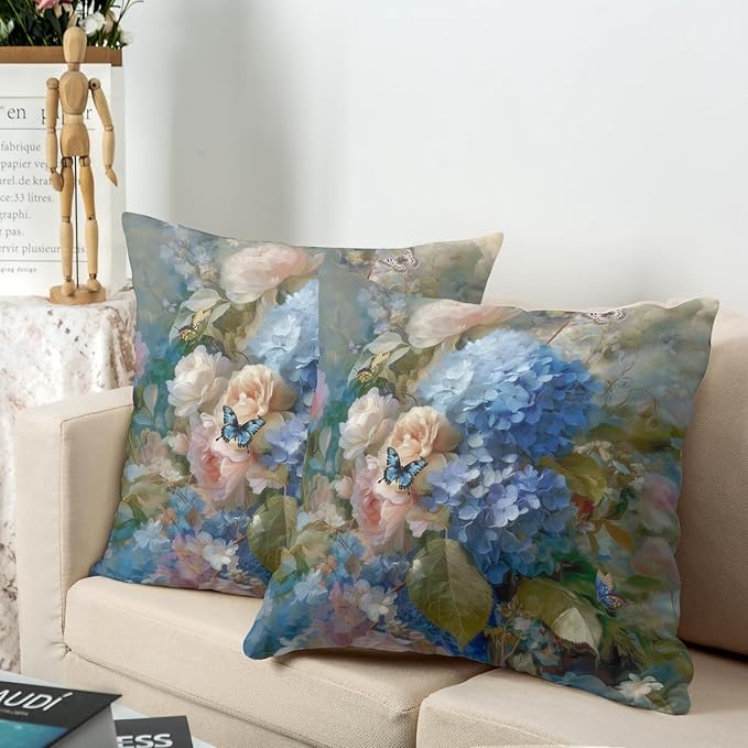 Vintage Rose Hydrangea Pillow Covers Oil Painting Floral Throw Pillow Covers Spring Summer Pillow Case 20x20 Blue Pink Flowers Cushion Case for Living Room Couch Sofa Set of 2