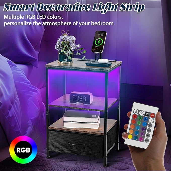 Night Stand with Charging Station, Bedside Table with Adjustable Fabric Drawers, End Table with LED Lights, Side Table with USB Ports Open Shelf for Bedroom, Black