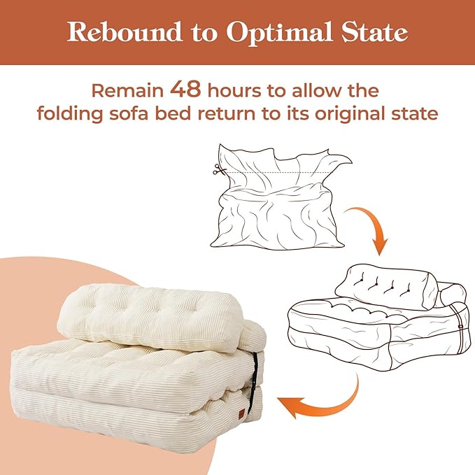 Folding Sofa Bed, Convertible Sleeper Chair with Back Support and Pillow Futon, Boneless Matress, for Living Room/Guest Use/Home Office, Foldable Chair Bed for Adults, Beige, Full