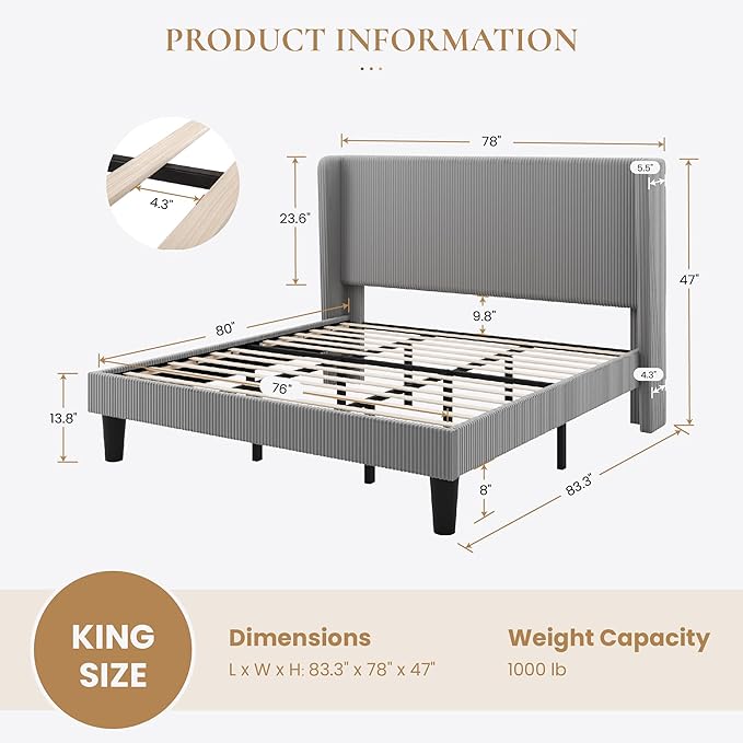 SHA CERLIN King Size Corduroy Upholstered Platform Bed Frame with Vertical Channel Tufted Wingback Headboard, 8" Under Bed Storage, Wooden Slats & Metal Frame Support, Easy Assembly, Light Grey