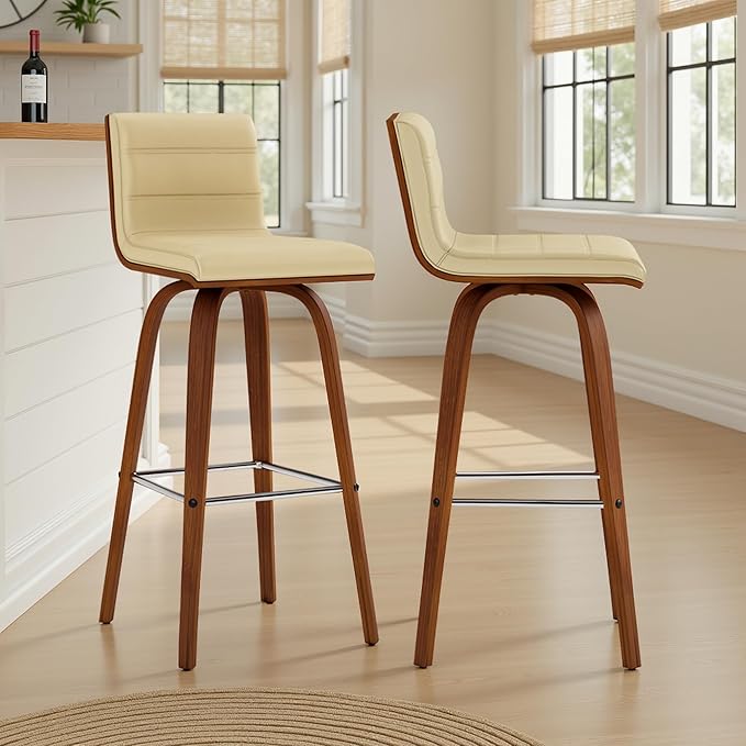 Vienna 30" Swivel Bar Stool in Walnut Wood Finish with Cream Faux Leather - Set of 2