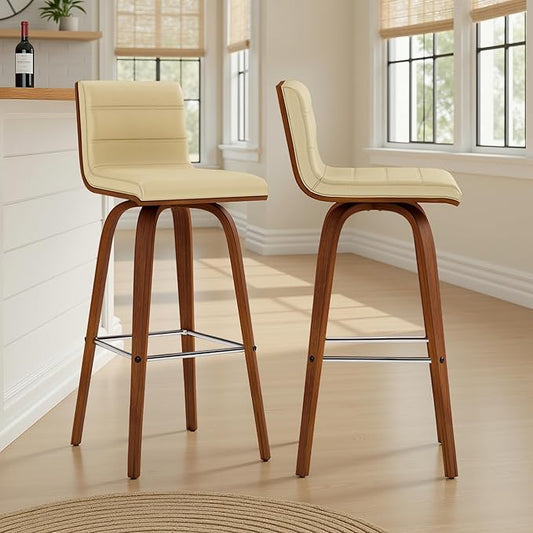 Vienna 30" Swivel Bar Stool in Walnut Wood Finish with Cream Faux Leather - Set of 2