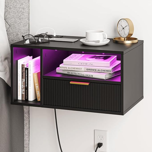 Black Floating Nightstand with Charging Station and LED Lights,Black