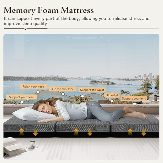 Tri Folding Mattress King Size - Memory Foam Tri-fold Mattress, Handle & Non-Slip Bottom, Portable Foldable Sofa Bed Floor Chair for Travel RV Camping Guest Yoga - 6 Inch, 80"x76"x6"