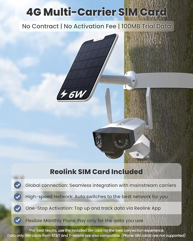 REOLINK 4K 8MP 4G LTE Cellular Security Camera Wireless Outdoor, Dual Lens 180° Wide Angle, Sim Card Included, Continuous Solar Powered, Color Night Vision, 2 Way Talk, Duo 2 LTE + Solar Panel 2