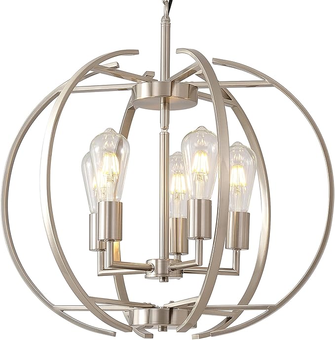 Large Lantern Globe Brushed Nickel Chandelier Lighting, Adjustable Hanging Ceiling Pendant 5 Light for Kitchen, Dining Room, Living Room, Hallway, Bedroom