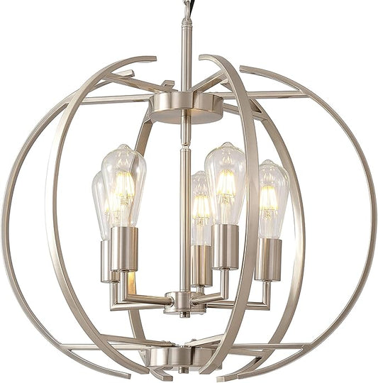 Large Lantern Globe Brushed Nickel Chandelier Lighting, Adjustable Hanging Ceiling Pendant 5 Light for Kitchen, Dining Room, Living Room, Hallway, Bedroom