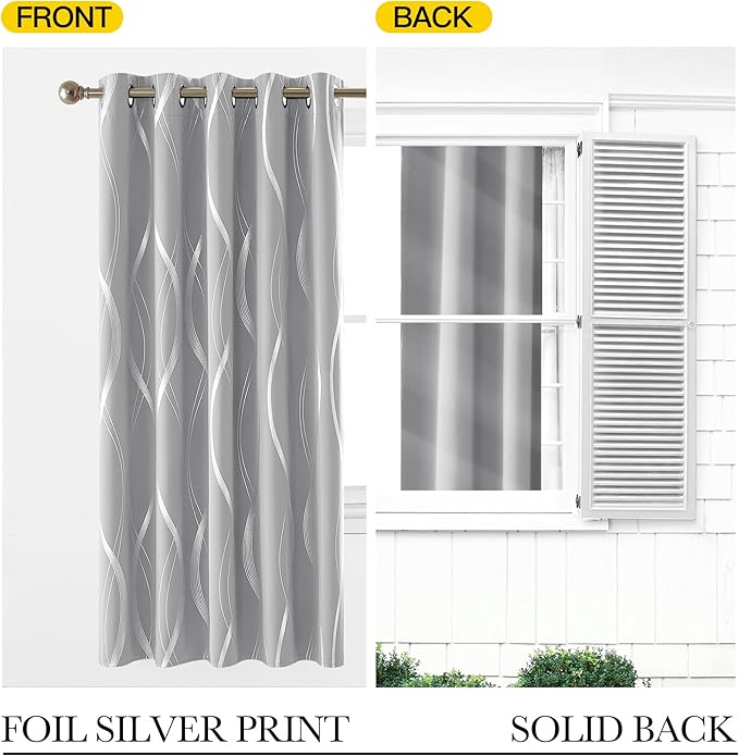 NICETOWN Silver Grey Short Blackout Curtain Panels 54 inch Long for Cafe, Noise Reducing Thermal Insulated Wave Line Foil Print Design Drapes for Cloest, W66 x L54 inch 2 Panels