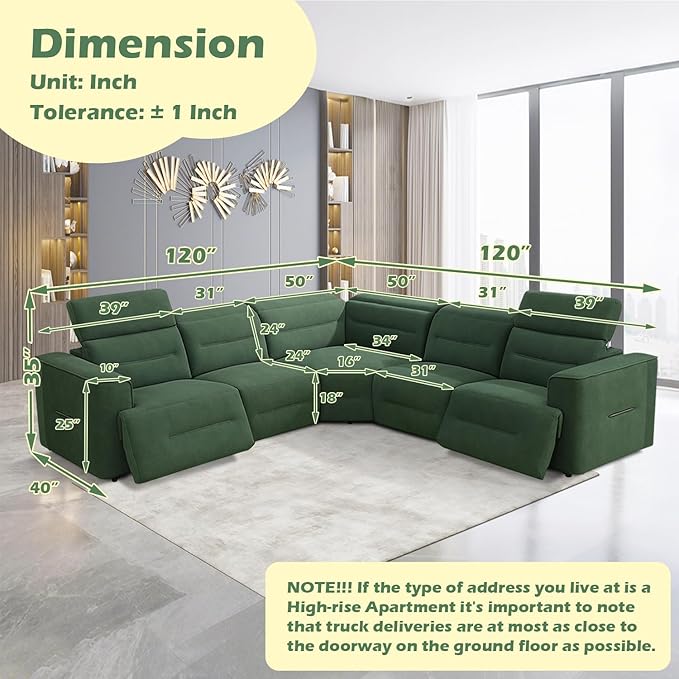 Power Reclining Sectional Sofa Set with USB Ports & Adjustable Headrest, 5-Seater L-Shaped Flannel Recliner Sectional Couch for Living Room,Green
