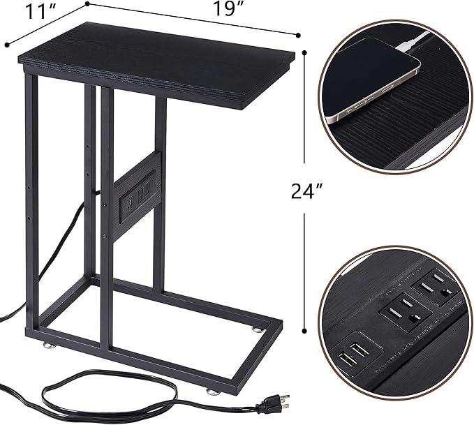 VECELO C-Shaped End Side Table with Charging Station & 2 USB Ports and Outlets for Living Room, Bedroom, with Adjustable Feet for Couch Sofa, Bedside, Small Spaces， Black