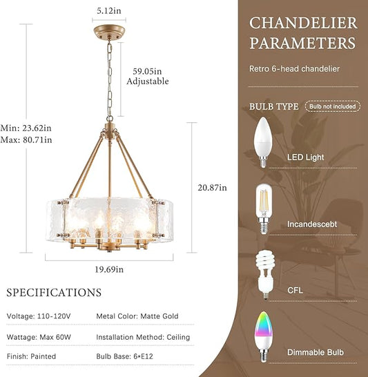 Gold Glass Chandelier for Dining Room Light Fixture, 19.69" Modern Drum Chandelier Textured Crystal Light Fixture for Kitchen Island Living Room Bedroom Foyer
