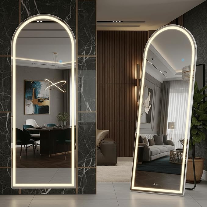 Alpen Arched Full Length Mirror, 61" x 16" Floor Mirror with Stand, Body Floor Mirrors with Dimming & 3 Color Lighting, LED Mirrors for Bedroom, Dressing Room, Cloakroom