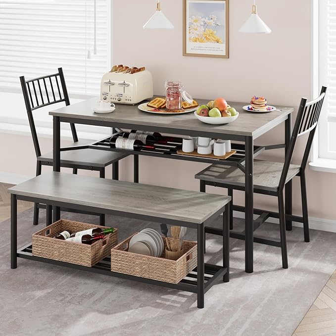 Dining Table Set for 4, Kitchen Table and Chairs for 4 with Wine Rack, Rectangular Dining Room Table Set with Bench, 4 Piece Dining Table Set for Small Space, Apartment, Retro Gray