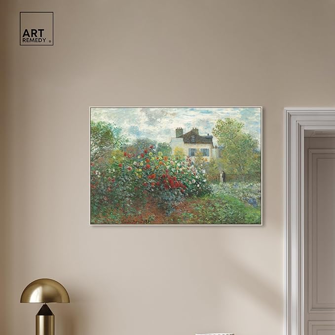 Art Remedy Monet-Garden With Dahlias Impressionism Classic Landscape Paintings Canvas Wall Art, Silver Floater Frame, 36"x54"