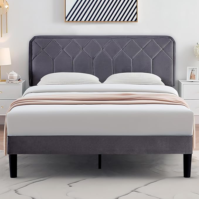 VECELO Queen Size Bed Frame, Velvet Upholstered Platform with Adjustable Headboard, Mattress Foundation with Solid Wood Slats, No Box Spring Needed, Easy Assembly