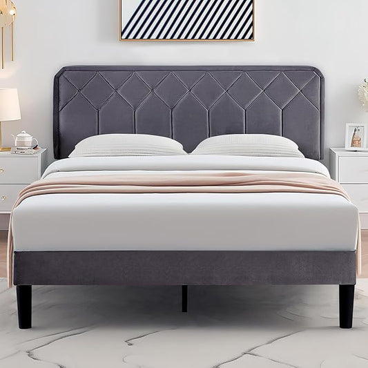 VECELO Queen Size Bed Frame, Velvet Upholstered Platform with Adjustable Headboard, Mattress Foundation with Solid Wood Slats, No Box Spring Needed, Easy Assembly