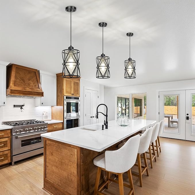 5.4"×7.9" Black Pendant Lights Kitchen Island, Pendant Light with Clear Glass Shade, Modern Kitchen Lights, Hanging Light Fixture for Kitchen Island, Foyer, Dining Room, Entryway