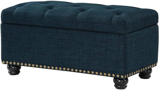 Convenience Concepts Designs4Comfort 7th Avenue Ottoman Bench 35.5" - Modern Upholstered Footstool & Seat with Hinged Lid & Storage, for Living Room, Bedroom, & Entryway, Dark Blue Fabric